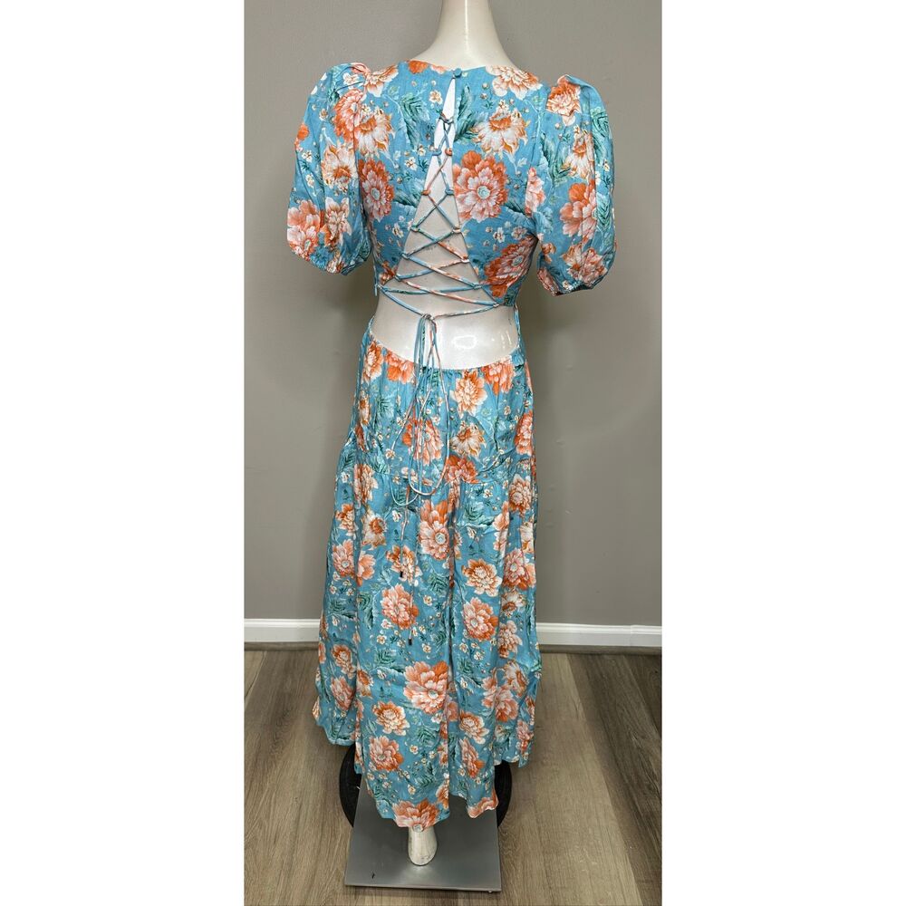 Kivari Josette Lace-Up Back Midi-Dress in Blue Floral Size US 4 $349 - Picture 9 of 14